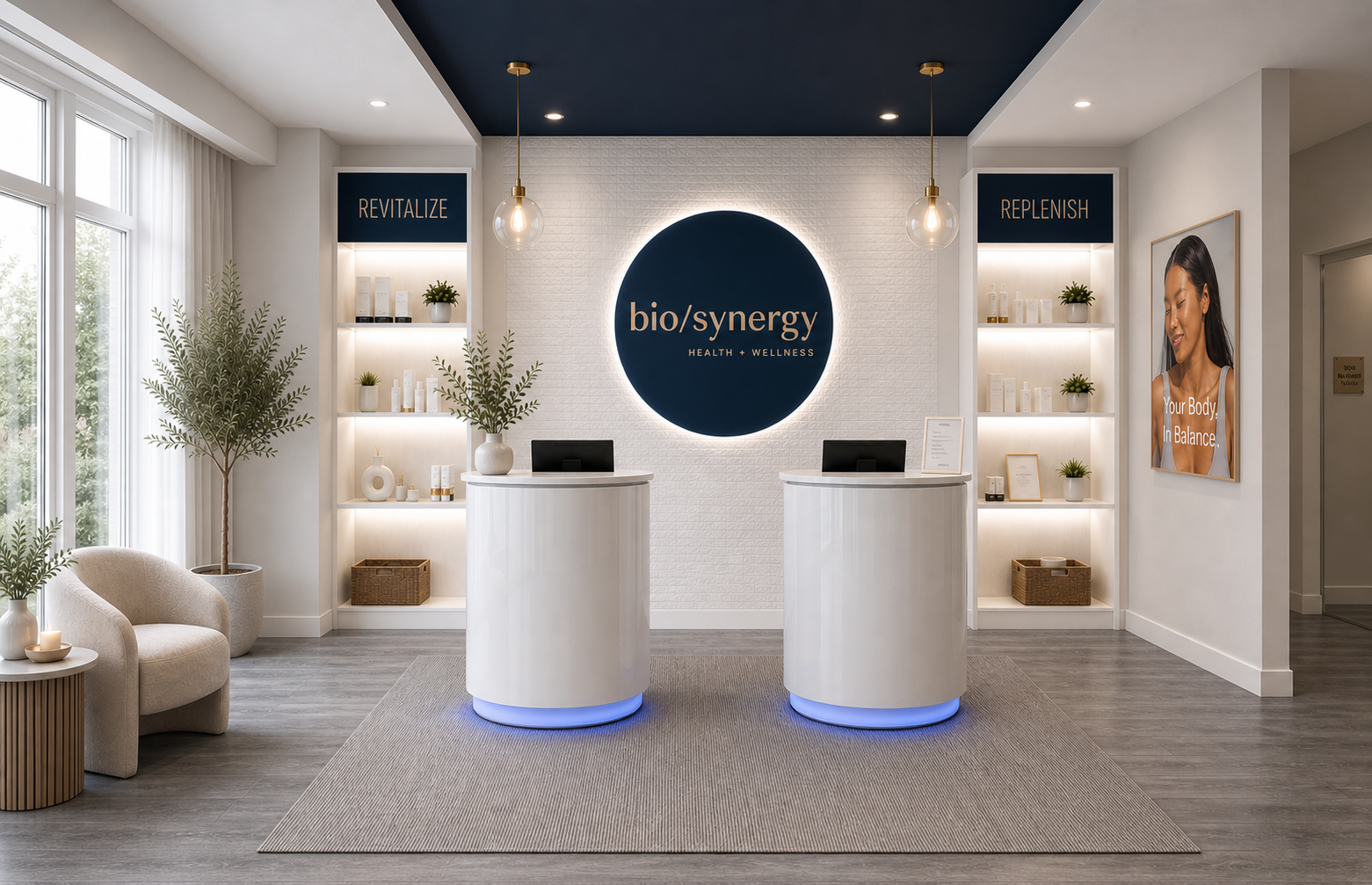Reception and waiting lounge at bio/synergy in Bethesda, Maryland
